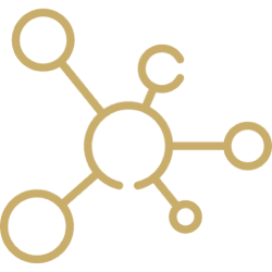 Abstract molecular structure icon with interconnected circles on a beige background.