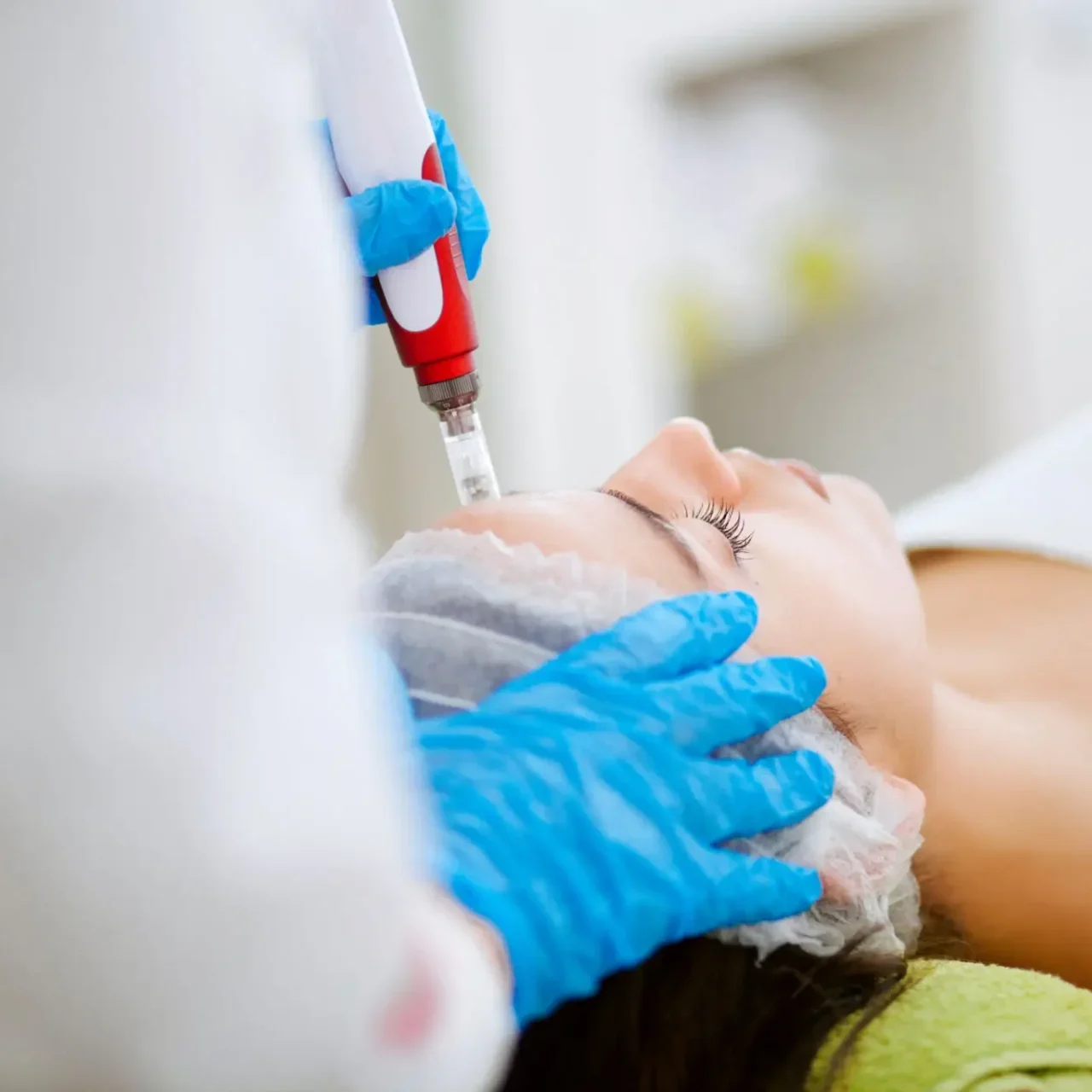 A person receiving a facial treatment with a skincare device.
