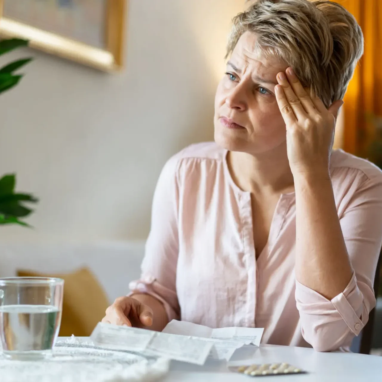 A woman looks stressed while taking medication at home.