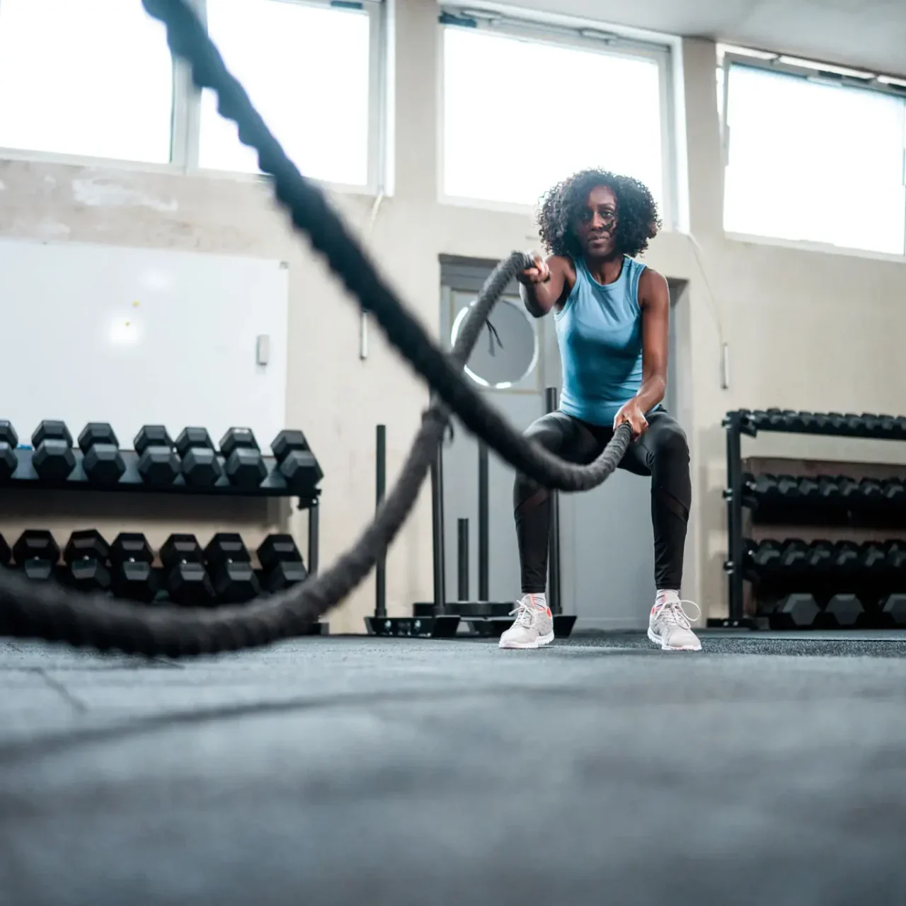 Woman exercising with battle ropes in a gym.
